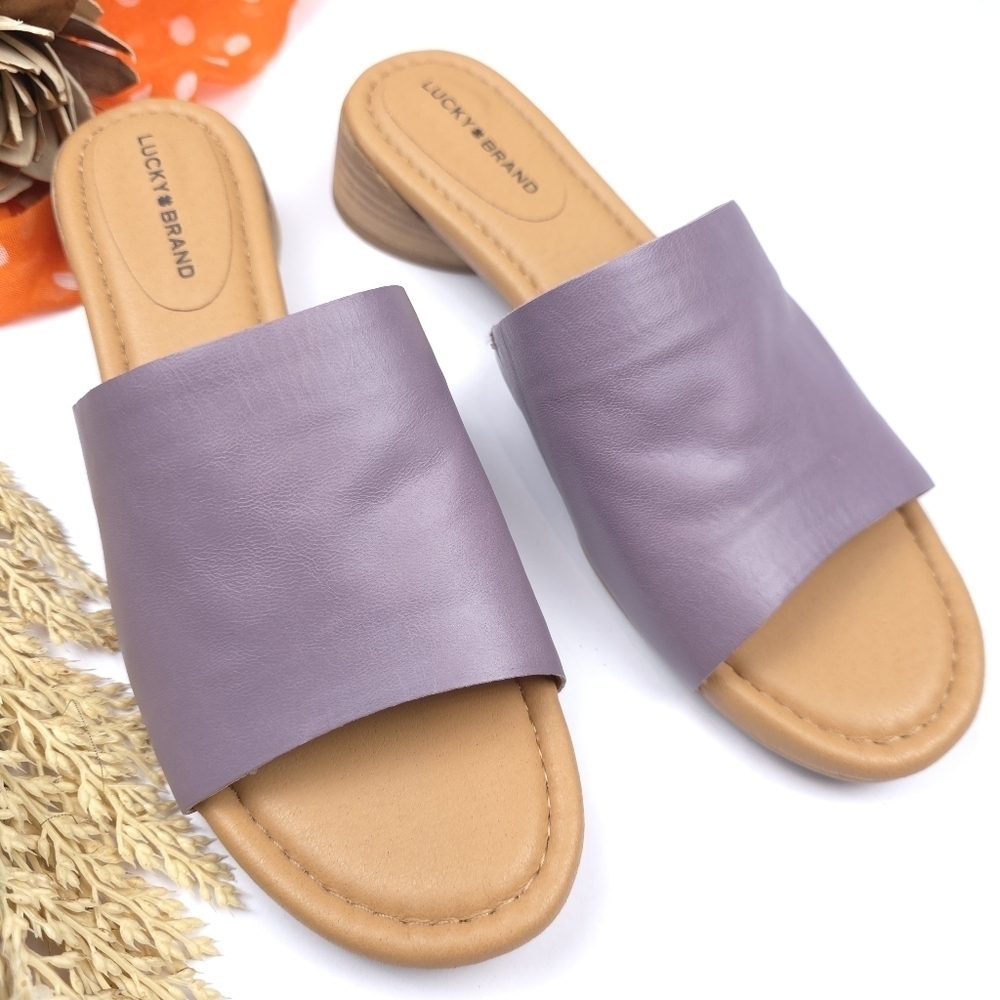 New Lucky Brand Women's Purple Leather Slide Sandals Sz 9m - Picture 2 of 10